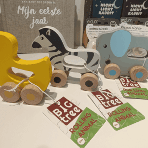 Houten eend-olifant-zebra met wieltjes